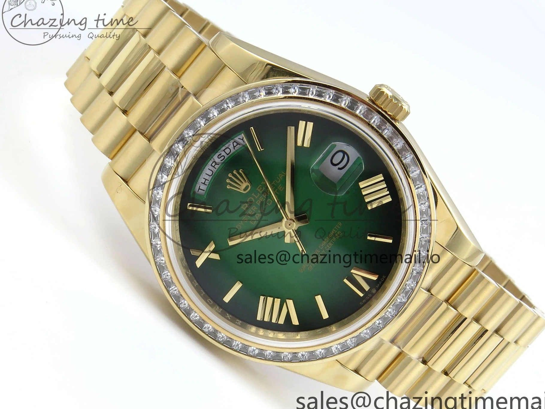 MiroTime 1224 TechFriendly DayDate 40 YG QF 1:1 Best Edition Green Black Dial Diamonds Bezel on President Bracelet A2836 V5 (Gain Weight) 490